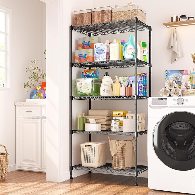 REIBII 1000LBS Wire Shelving Unit, 5 Tier Adjustable Metal Storage Shelves for Kitchen Pantry Office Steel Organizer Wire Rack for Narrow Space College Dorm School, 13.4" D x 23.2" W x 60" H, Black