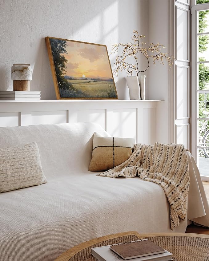 InSimSea Framed Canvas Wall Art, Vintage Wall Decor, Fall Landscape Watercolor Painting for Living Room, Bedroom Earthy Country Autumn Sunset Print Pictures Decorations,12x16inch