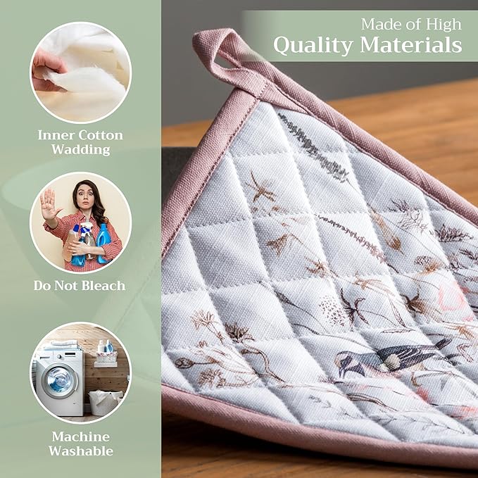 Maison d' Hermine Pot Holders Set 100% Cotton Heat Resistant Potholders 8" x 8" Hot Pads with Loop BBQ, Cooking, Grilling, Kitchen, Handling Hot Pans Spring/Summer (Pack of 2, Meadow Florals - Brown)