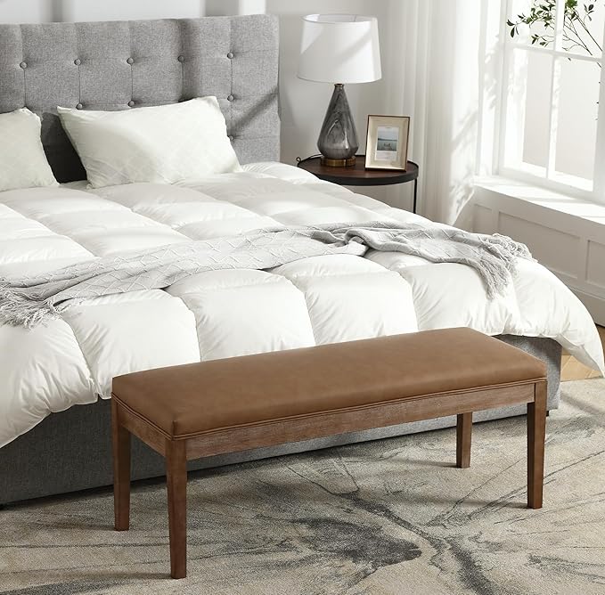 PU Leather Dining Bench Upholstered Entryway Bench Farmhouse Shoe Bench Seat Ottoman for Hallway Living Room Bedroom End of Bed Dining Room Kitchen, 45.5" Long, Brown