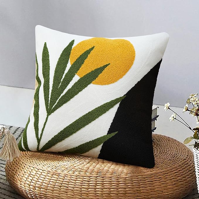 Merrycolor Boho Decorative Throw Pillow Covers Abstract Tufted Mid Century Modern Throw Pillows Leaf Sun Aesthetic Textured Pillow Cover Green Decorative Throw Pillows for Bed Couch Sofa,18x18