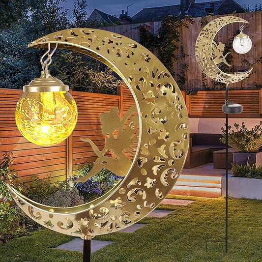 Solar Lights Outdoor Waterproof Fairy Moon Crackle Glass Lights with Metal Angel Decor for Walkway Yard Patio or Garden Gifts for Mom Grandma Friends