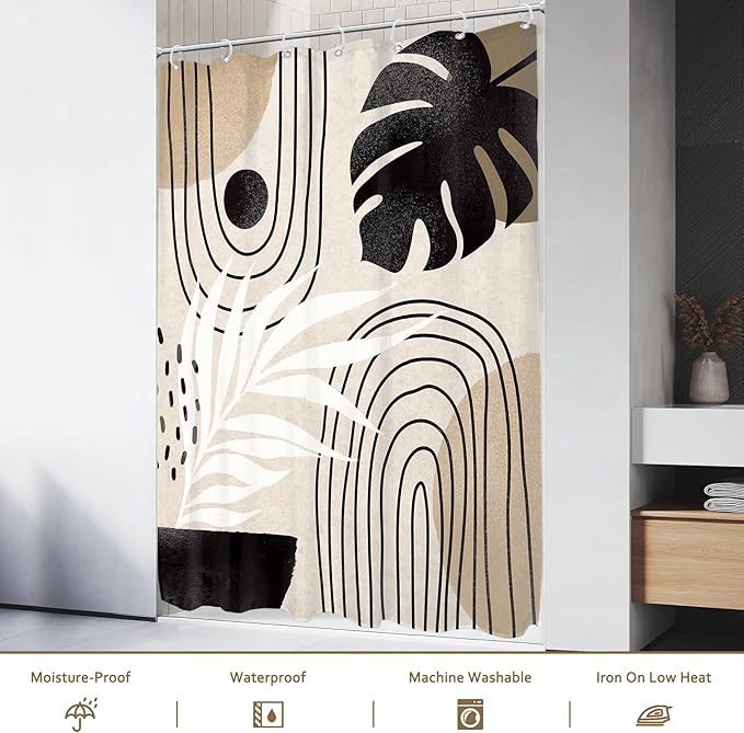 Glawry Boho Mid Century Shower Curtain Narrow Small Stall Abstract Modern Tropical Palm Leaf Minimalist Arch Bathroom Black Brown 48Wx72L Inches Bath Accessories Art Home Decor Fabric 7 Pack Hook