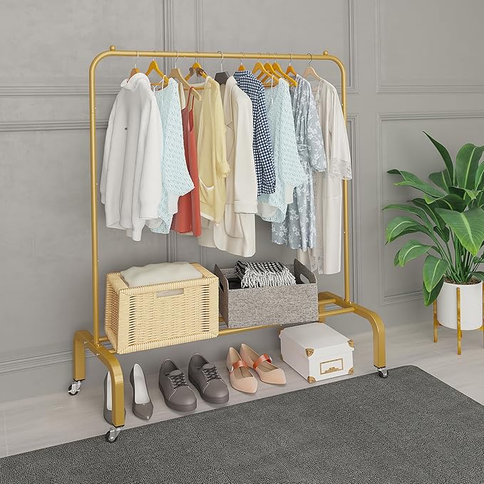 JIUYOTREE Metal Clothing Rack with Wheels 43.3 Inches Rolling Clothes Garment Coat Rack with Bottom Shelf Clothing Rack for Hanging Clothes Coats Skirts Shirts Sweaters Gold