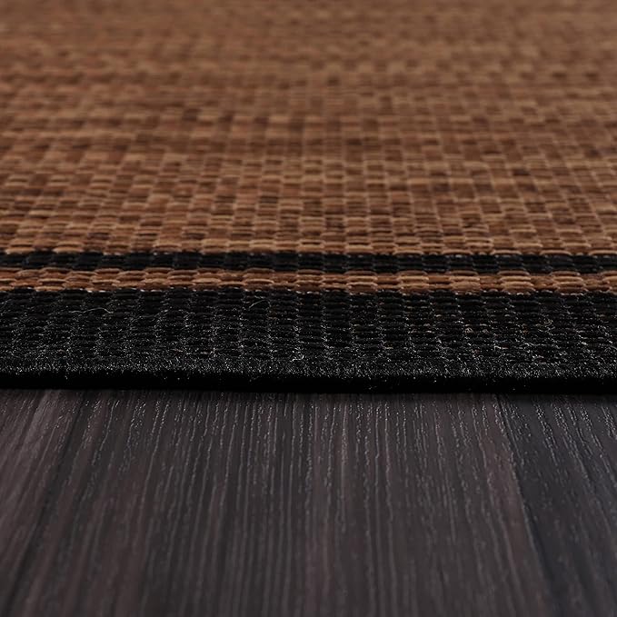 CAMILSON Indoor Outdoor Rug, 10x14 Bordered Nut Brown Black Modern Area Rugs for Indoor and Outdoor Patios, Kitchen and Hallway Mats, Washable Porch Deck Outside Carpet (Border Nut Brown Black 10 x14)