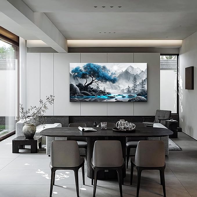 Lapremoly Black And White Wall Painting Canvas Art For Living Room, Office, Bedroom - Blue Tree Landscape Pictures - Hotel Artwork Posters - Family Home Wall Decoration