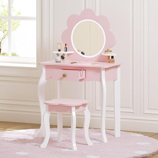 Spirich Kids Vanity, Girls Vanity Set with Mirror and Stool and Lights, Kids Vanity Table and Chair Set, Wooden Princess Makeup Desk Dressing Table (Flower Shape with LED Strip)