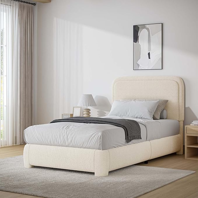 BarnFurin Twin Size Bed Frame,Cloud Boucle Upholstered Platform Bed Frame with Headboard, Modern Style, Soft Rounded Corners, No Box Spring Required, Easy Assembly, Cream