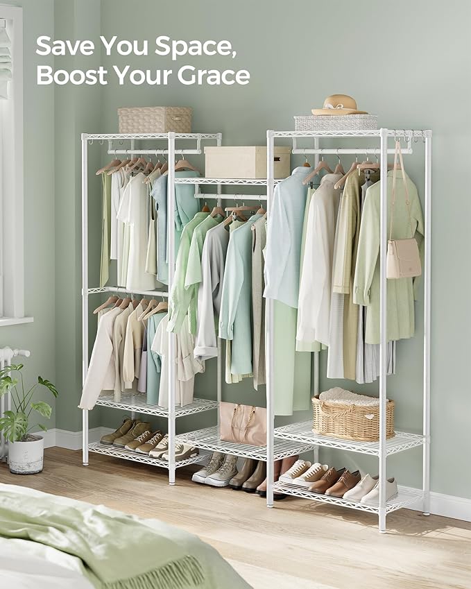 SONGMICS Portable Wardrobe Closet Heavy Duty Clothes Rack, Freestanding Closet Organizer, Metal Garment Rack with Adjustable Wire Shelves, Hanging Rods, Hooks, Dividable, Cloud White ULGR431W01