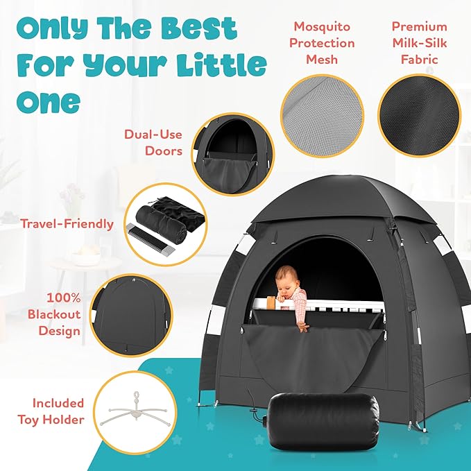 YoungMinds Blackout Baby Crib Tent - Waterproof Sleep Pod Fits for Travel Pack and Play, Milk Silk Fabric, Kids Black Out Cover Mosquito Net Tent with Toy Holder, Pack N Play Canopy Blocks 100% Light