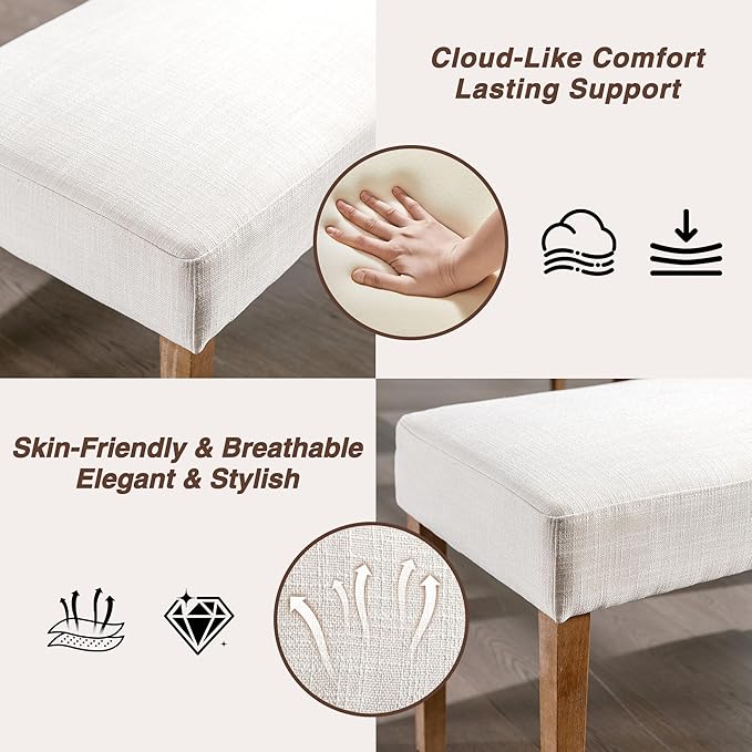 LIVINOVA Farmhouse Upholstered Dining Bench Seat Set of 2, 45" Linen Fabric Entryway Bench with Natural Wood Legs, Mid Century Modern End of Bed Bench for Kitchen Bedroom Living Room Hallway, Beige