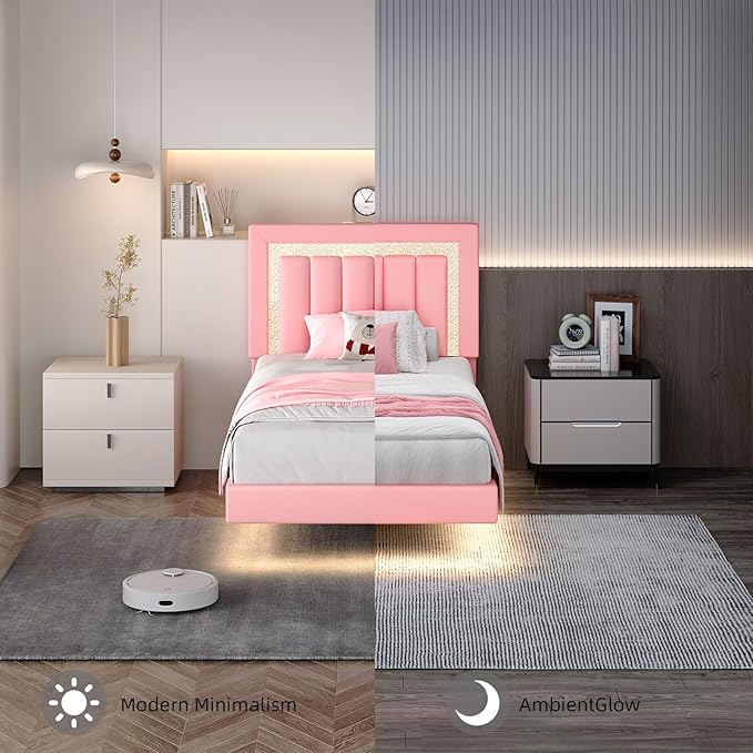 HOMBCK Floating Twin Bed Frame with Smart LED Lights, Faux Leather Upholstered Platform Bed with Diamond Headboard, No Box Spring Needed, Noise-Free, Easy Assembly, Pink