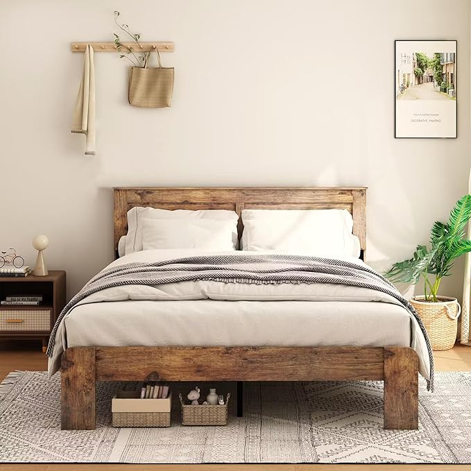 King Size Bed Frame, Rustic Vintage Platform Bed Frame with Wood Headboard and Footboard, 12 Wood Slats Support, No Box Spring Needed (Dark Brown, King)