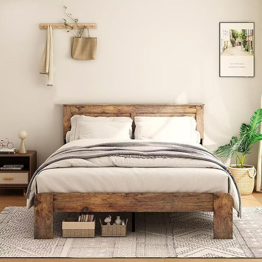 King Size Bed Frame, Rustic Vintage Platform Bed Frame with Wood Headboard and Footboard, 12 Wood Slats Support, No Box Spring Needed (Dark Brown, King)