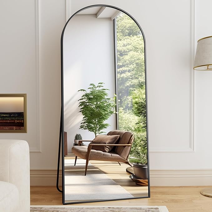 Full Length Mirror, 78"x38" Arched Floor Length Mirror with Stand, Black Body Mirrors Hanging or Leaning, Wall Mirrors Freestanding with Aluminum Frame for Living Room, Bedroom