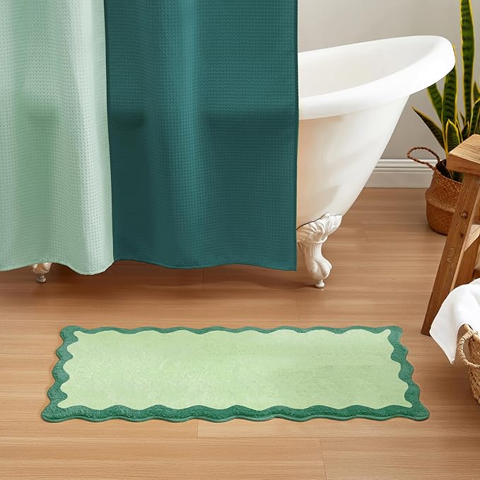 MONDAY MOOSE Bath Mat with Scalloped Wavy Ripple Design, Microfiber Absorbent Non Slip Tufted Rug for Floor, Shower or Kitchen (24x47 inch, Teal Green)