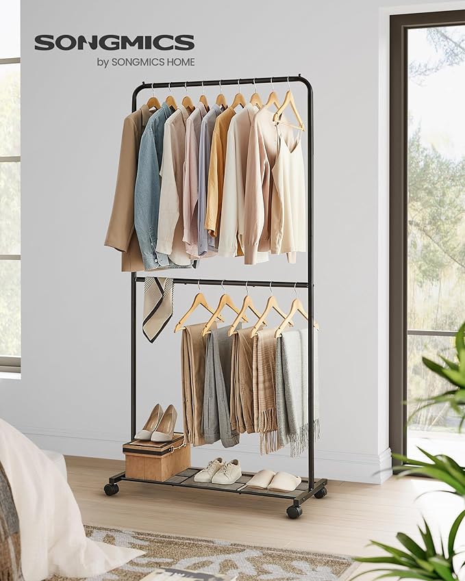 SONGMICS Clothes Rack with Wheels, Double-Rod Clothing Rack for Hanging Clothes, 25.4mm Metal Garment Rack with Dense Mesh Storage Shelf, 110 lb Load Capacity, 2 Brakes, Black UHSR027B01