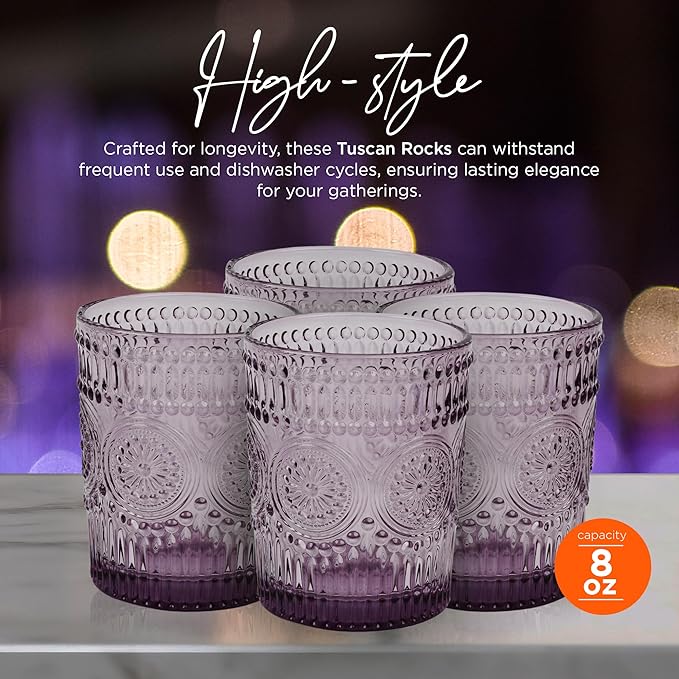 IMPULSE! Tuscan Rocks Glass Set - Purple, Dishwasher Safe, Chic Vintage Style - 8 oz - Ideal for Gin, Mixed Cocktails, Bourbon, Margaritas, Soft Drinks, Beer, Water - Mexican Style Glasses - Set of 4