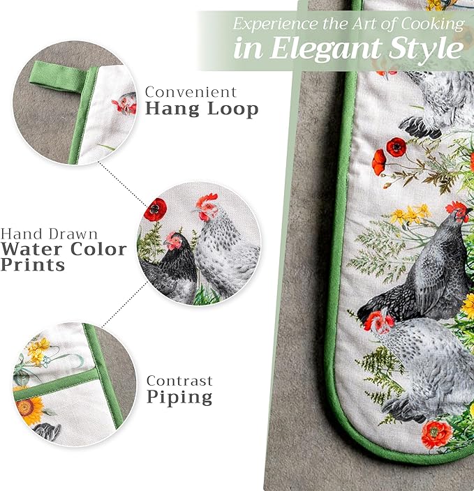 Maison d' Hermine Double Oven Mitts 100% Cotton 7"x35" Double Oven Mitt Heat Resistant BBQ Cooking Gloves with Loop, Baking, Grilling, Home, Kitchen, Handling Hot Pans Spring Summer (Basse Cour)