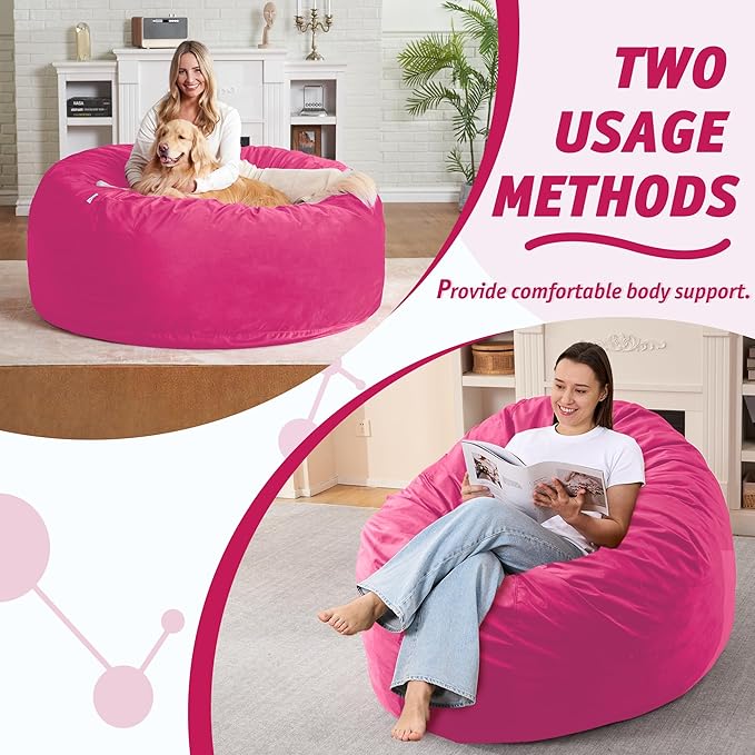 4FT Bean Bag Chair with Ultra Soft Velvet Cover Bean Bag Sofa with Memory Foam Bean Bag Chairs with Large Size Lazy Sofa for Dorm Office Living Room Bedroom Hot Pink 4'