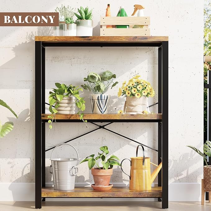 3-Tier Adjustable Heavy Duty Bookshelf, Industrial Wooden Open Storage Rack with Black Metal Frame, Vintage Bookcase with Lock Wall Design, Rustic Brown