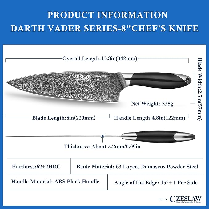 Chef Knife - 8 Inch kitchen knife, Japanese Damascus Chefs Knife, Professional Sharp Forged Black Japanese Damascus Cooking Knife, Full Tang, Ergonomic ABS Handle Design