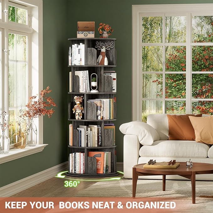 Rotating Bookshelf Tower, 5 Tier Spinning Bookcase, Revolving 360 Book Shelf Narrow Tall Bookcase, Vertical Turning Round Bookshelf Organizer, Wood Corner Book shelf for Small Space, Black Oak