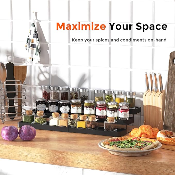 2 Pack Expandable Spice Rack Organizer for Cabinet - 3 Tier Adjustable Cabinet Spice Organizer Easy Visibility - Spice Organizer for Cabinet Countertop Cupboard Pantry Organization (Black)