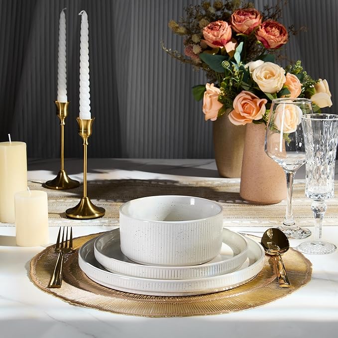 E-far 24-Piece Stoneware Dinnerware Sets, Plates and Bowls Sets for 8, Kitchen Modern Dinning Porcelain Dishes Set, Chip & Scratch Resistant, Dishwasher & Microwave Safe, Speckled White