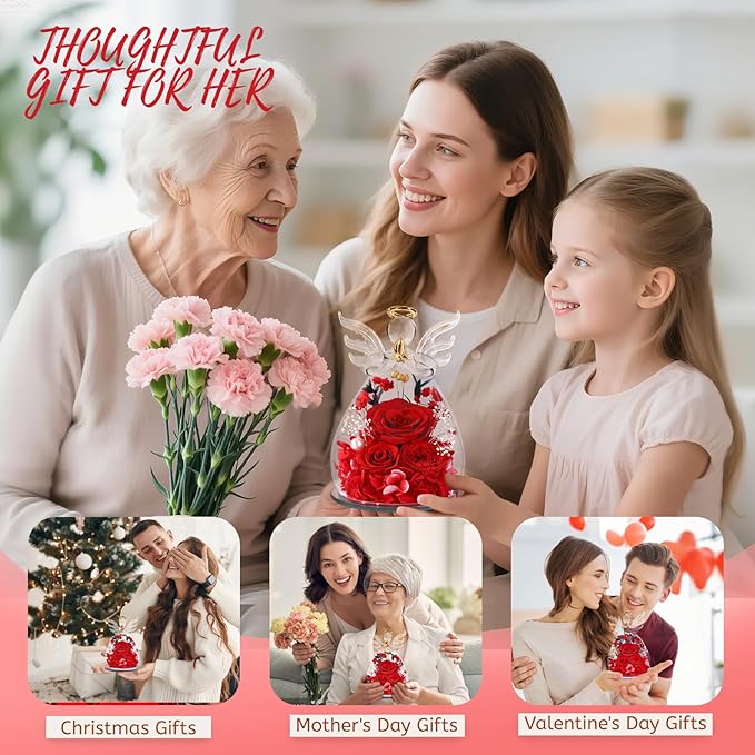 Birthday Gifts for Women Mom Preserved Roses in Glass Angel Figurines Fresh Flowers for Delivery Forever Flowers Eternal Rose Christmas for Grandma Sister Wife Her from Daughter