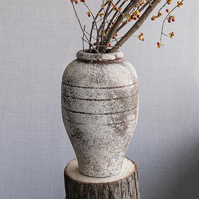 Antique Brown Ceramic Flower Vase for Living Room Bedroom 9.06'' Farmhouse Decor for Bouquet Fake Plant Home Decor Office Table Shelf Fireplace Centerpieces Rustic Retro Vintage Classic Modern