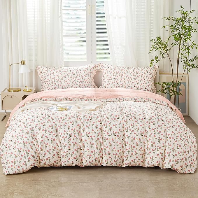SAPHREAS Pink Bellflower Duvet Cover Set Full Size 3pcs Garden Style Blossom Floral Bedding Comforter Cover Set 100% Cotton 1 Duvet Cover 90"x80" 2 Pillow Shams, Comforter Not Included
