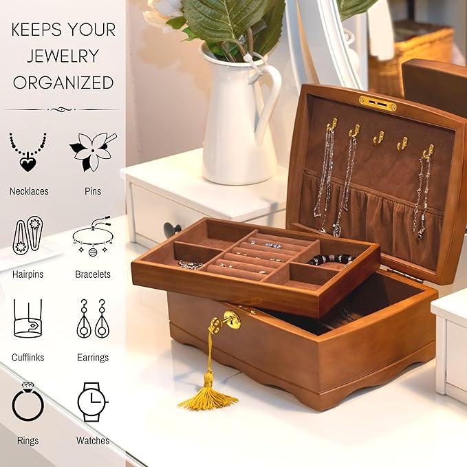 Wooden Jewelry Box with Lock & Key for Women, Medium Size Real Natural Wood Lockable Antique Organizer with Large Storage, Big Ring Compartments, Built in Necklace Hooks, Brown