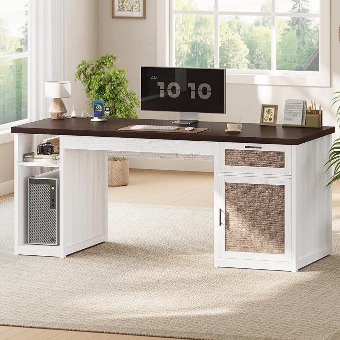 SEDETA 55.1" Rattan Office Desk with Drawers, Computer Desk with Drawers & Storage Cabinet, Farmhouse Home Office Desk with Storage, Wood Writing Desk with Power Outlets for Home Office, White