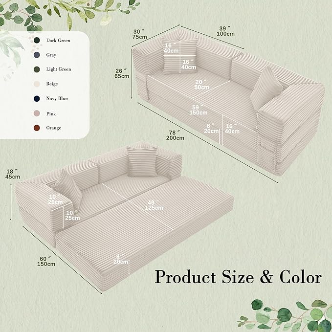 Sectional Boneless Couch Convertible Sofa Bed, 78'' Modular Sectional Sleeper Sofa with Removable Armrests & 3 Pillows, Small Floor Couch No Assembly Needed for Living Room, Office, Bedroom, Beige