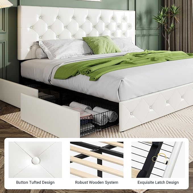 Allewie King Size Platform Bed Frame with 4 Storage Drawers and Headboard/Upholstered Diamond Stitched Button Tufted/Wooden Slats Support/Mattress Foundation/No Box Spring Needed/White