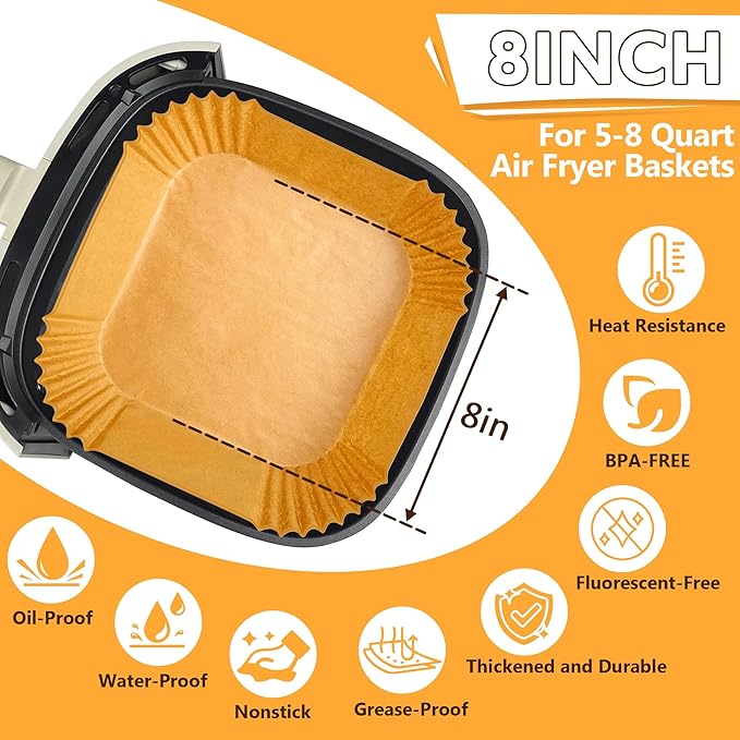 Air Fryer Liners Disposable, 125PCS 8 Inch Greaseproof Air Fryer Liners, Square Unbleached Parchment paper, Non-stick Airfryer Liners for 5-8QT Air fryer, Baking, Roasting Microwave