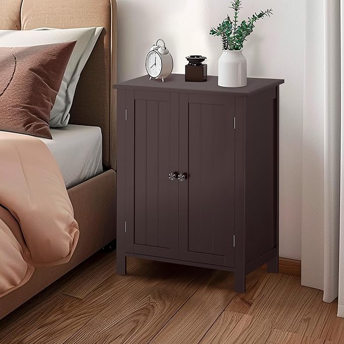 ZENY Bathroom Floor Storage Cabinet with Double Door + Adjustable Shelf, Wooden Organizer Cabinet for Living Room, Bathroom, Bedroom, Modern Home Furniture (Brown)