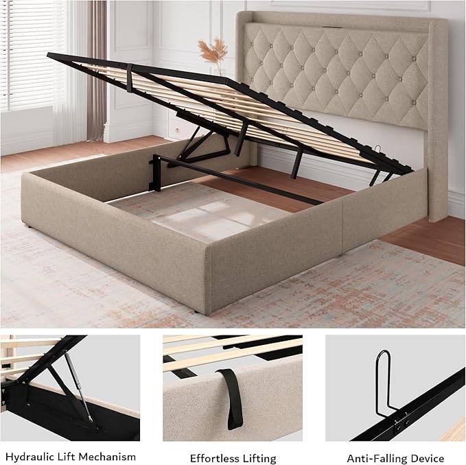 iPormis Queen Size Lift Up Storage Bed Frame with Charging Station, Upholstered Platform Bed Frame with Tufted Headboard, Hydraulic Storage, No Box Spring Needed, Noise-Free, Easy Assembly, Beige