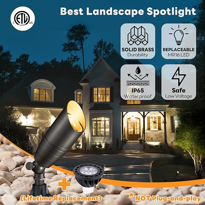 Brass Landscape Lighting - Low Voltage Spotlights Outdoor LED, 12V Wired Uplights, Waterproof Spot Lights, Bronze for Outside Trees with 5W 4000K Natural White MR16 Bulb (4 Pack)