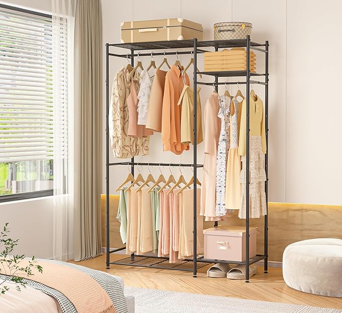 Portable Closets for Hanging Clothes, Freestanding Clothing Rack with 3 Hang Rods & 5 Shelves, Metal Wardrobe Garment Rack for Bedrooms Entrances