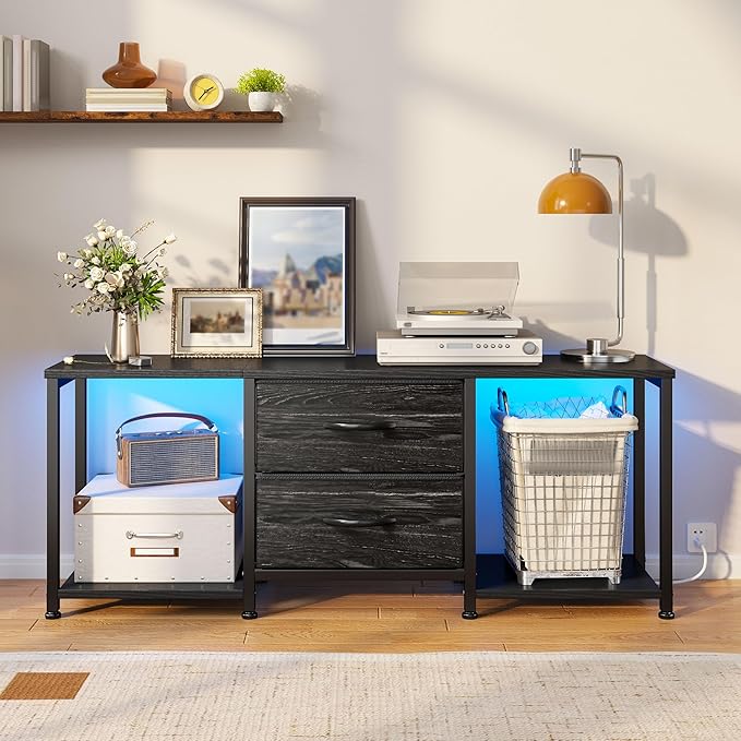 LED TV Stand Dresser for TVs up to 55 Inch, Entertainment Center with 2 Fabric Drawers and 2 Open Storage Shelves, Coffee Table Television Stands for Living Room, Bedroom, Wood Top, Metal Frame, Black