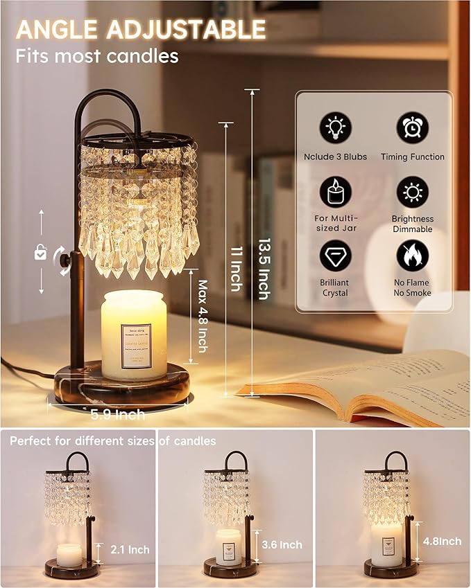 Candle Warmer Lamp with Timer Dimmer and 3 Bulbs, Candle Lamp Warmer with Marble Base for Adjustable Height, Crystal Candle Lamp for Jar Candles, House Warming Gifts Home Room Decor, Black