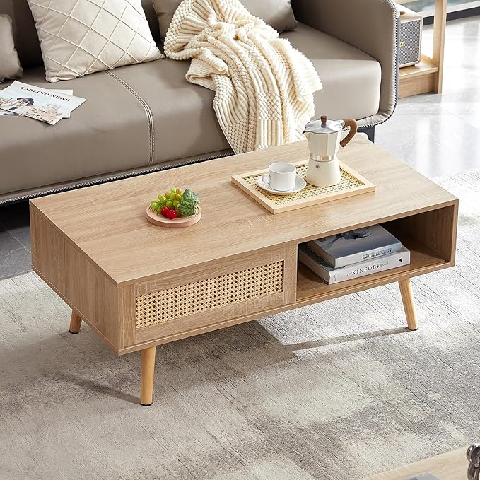 Rattan Coffee Table, 40.3" Mid Century Modern Coffee Table with Storage, Farmhouse Rectangle Wooden Accent Center Sofa Table with Rattan Sliding Door, for Living Room Christmas-Natural