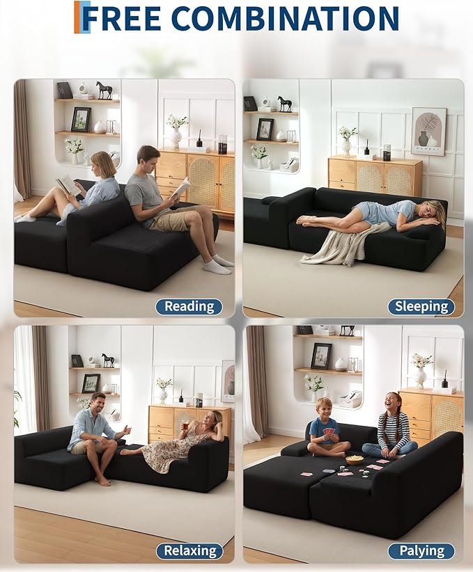 108" Cloud Sectional Couch with Chaise - Super Fluffy Boneless Sofa, Ultra Soft Corduroy L Shaped Couch Bed, Creates Cozy Atmosphere. Perfect Comfy Couches for Living Room, No Assembly Required, Black