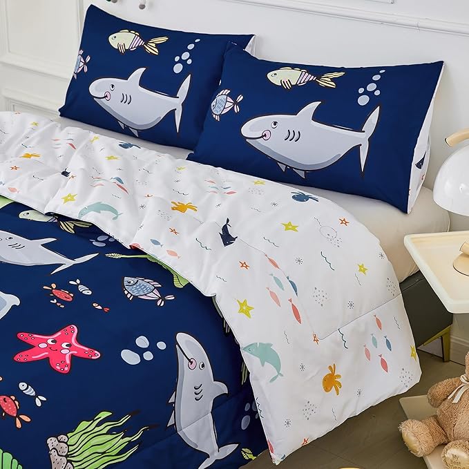 RYNGHIPY Kids Bedding Set for Full Bed Reversible Ocean Animals Print Comforter Set for Boys Girls Easy-Wash Super Soft Microfiber Bed Set (Navy Ocean,Full)