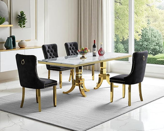 Goujxcy Faux Marble Dining Table Set for 4, Modern 5-Piece Dining Table Set with 4 Velvet Upholstered Chairs, 70" Large Long Faux Marble Kitchen Dining Room Table and Chairs with Stainless Steel Legs
