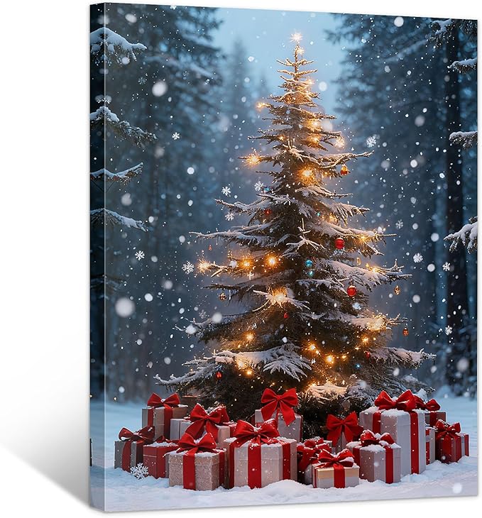 Framed Christmas Pictures Wall Decor,Vintage Pine Tree Prints,Winter Christmas Canvas Wall Art Decoration for Bedroom Bathroom Living Room Rustic Xmas Holiday Gifts (Christmas Tree 14, 16'' X 24'')