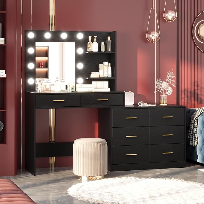 61" Vanity Desk with Mirror & Lights, White Makeup Dressing Table with 8 Drawers & 2 Shelves, 3 Lighting Modes with Adjustable Brightness for Bedroom, Black