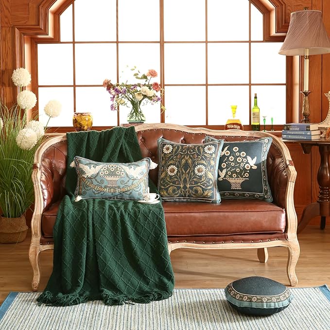 Green Throw Pillow Covers Set of 4,French Farmhouse with White Birds and Flowers Pattern Linen Pillowcases,Decorative Round Square Lumbar Pillows Cushion Covers for Couch Sofa Bed Chair